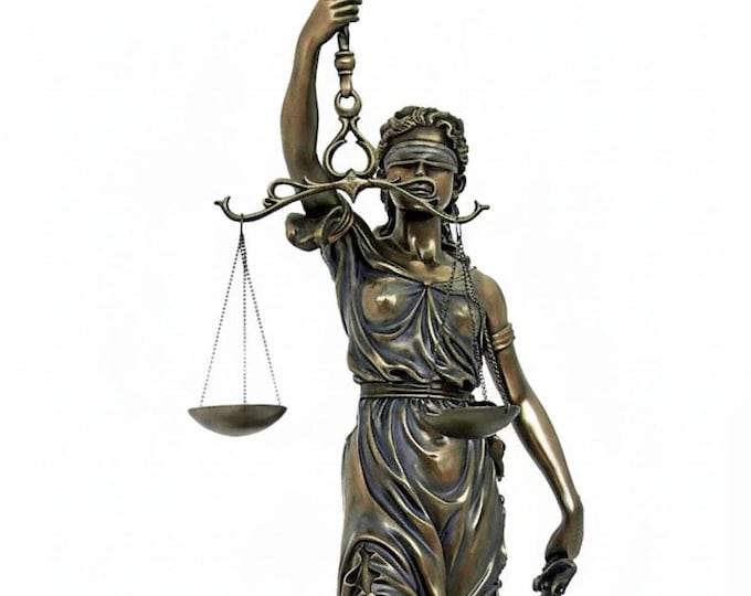 Classical sculpture Themis Goddess of Justice, 83 cm (28.34 inches) in bronzed resin marble with gilded wooden base, made in Italy