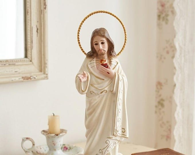 Statue of Jesus Sacred Heart, 24 cm (9.44 inches) with glass eyes, made of resin, hand decorated, artisanal production