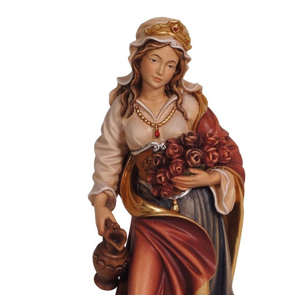 Standbeeld van Sint Elizabeth, gesneden in Valgardena-hout en met de hand gedecoreerd, van Italiaanse ambachtelijke productie