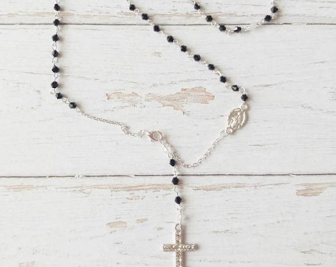 Rosary necklace with crystal beads and cross with black or blue rhinestones, handcrafted in Italy.
