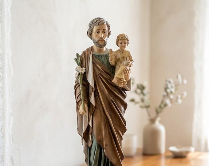 Statue of Saint Joseph with baby Jesus, 62 cm (24.40 inches), made of alabaster powder, with a wooden base, hand-decorated, made in Italy