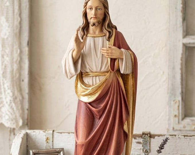 Statue of Jesus blessing, carved in Valgardena wood and hand-decorated, Italian artisan production.