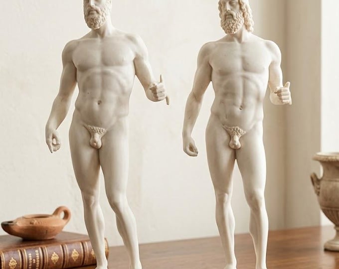 Pair of classical sculptures "Bronzi di Riace" made of alabaster powder, marble base, 36 cm (14.17 inch) Made in Italy