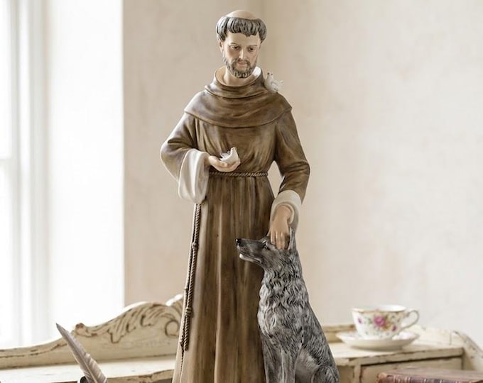Statue of Saint Francis of Assisi, 60 cm (23.62 inches), made of alabaster powder and wooden base, hand-decorated, made in Italy