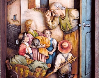 Bas-relief sculpture "by the veterinarian", carved in wood of Valgardena decorated by hand of Italian artisan production