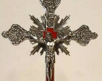 Crucifix cross with base, 33 x 19 cm (12.99 x 7.48 inches) in metal and velvet, handcrafted