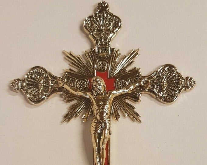 Cross crucifix to hang, 30 x 20 cm (11.81 x 7.87 inches) in golden metal and velvet, handcrafted