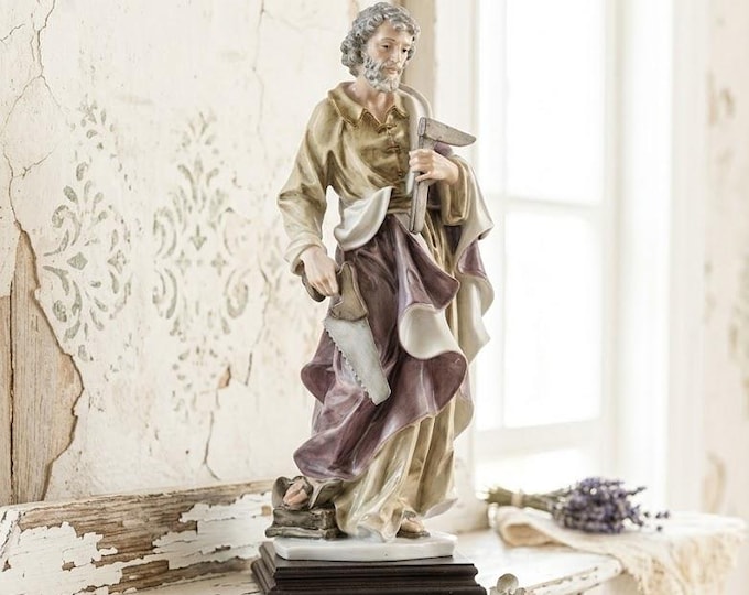 Statue of Saint Joseph the Worker, 35 cm (13.77 inches), made of alabaster powder, with a wooden base, hand-decorated, made in Italy