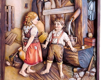 Bas-relief sculpture "Boys at the Fountain", carved in Valgardena wood, hand-decorated, Italian artisan production