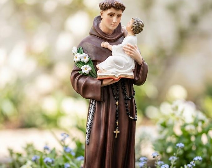 Statue of Saint Anthony of Padua, 65 cm (25.59 inches), hand-decorated marble and resin, with painted or glass eyes, Italian artisan production.