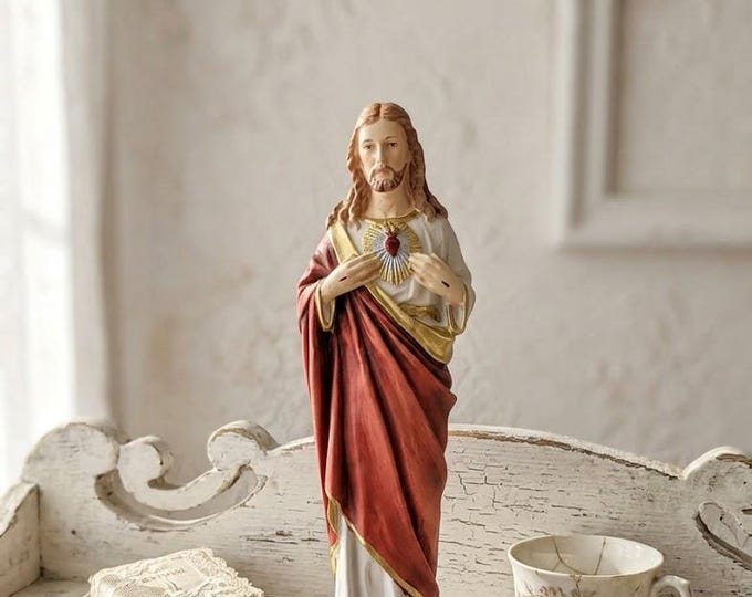 Statue of Jesus Sacred Heart cm 20 (7.87 inches) in marble resin hand decorated, Italian artisan production