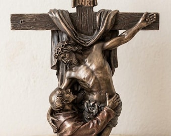 Crocifisso di San Francesco d'Assisi da appoggio, cm 29 (11,41 inches) in marmo resina bronzata, artigianale made in Italy