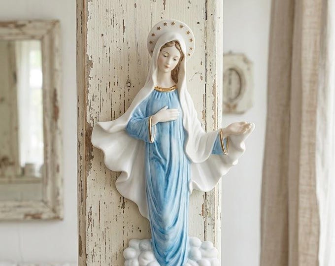 Holy water stoup with Madonna of Medjugorje cm 35 (13.77 inches) made of alabaster powder, hand decorated, made in Italy