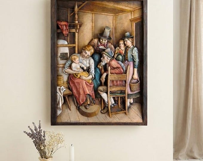 Bas-relief sculpture "Visit to the grandparents", carved in Valgardena wood, hand-decorated, Italian artisan production