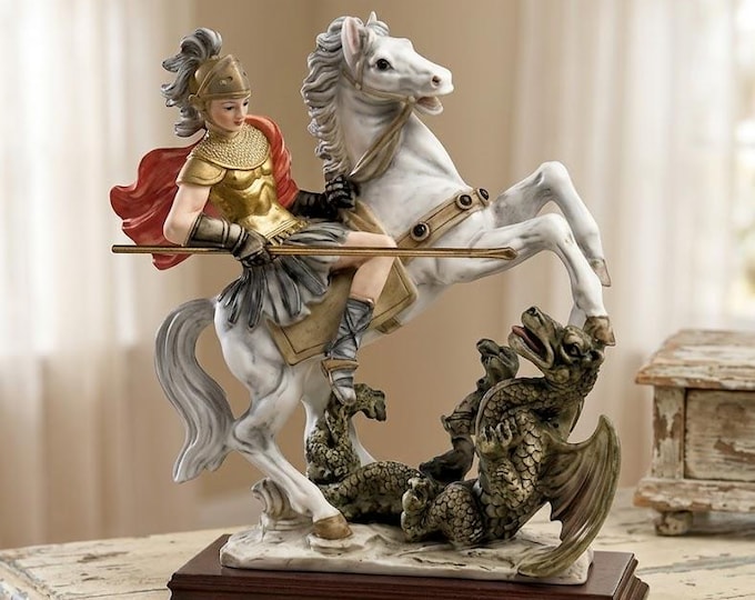 Statue of Saint George and the Dragon, 29 cm (11.41 inches), made of alabaster powder, with a wooden base, hand-decorated, made in Italy