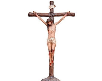 Free standing crucifix cross, cm 30 x 16 (11,81 x 6,29 inches) in hand-decorated marble resin of Italian artisan production