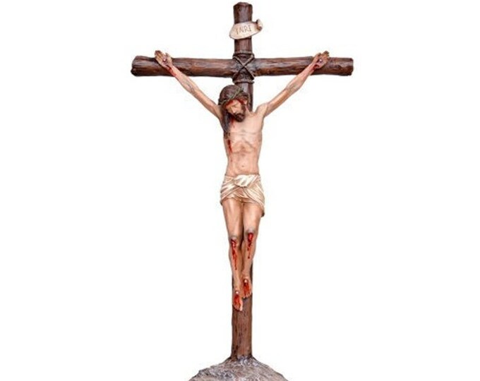 Crucifix cross to stand, cm 50 x 27 (19.68 x 10.62 inches) in marble resin hand decorated, Italian artisan production