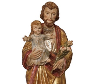 Statue of St. Joseph with baby Jesus carved in valgardena wood antiqued pure gold finish of Italian artisan production