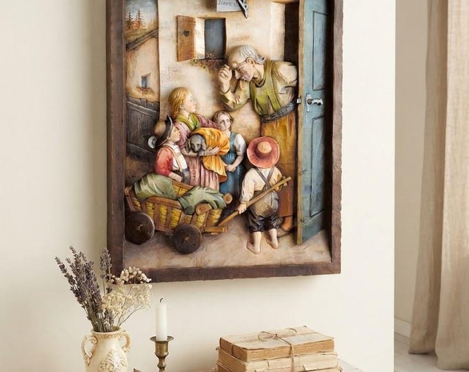 Bas-relief sculpture "at the vet", carved in Valgardena wood and decorated by hand, artisanal Italian production.