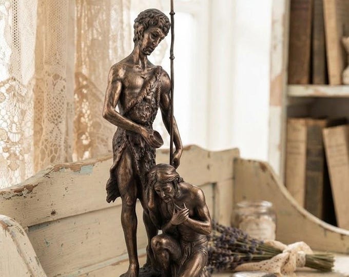 Statue of St. John the Baptist, 53 cm (20.86 inches), made of alabaster powder, wooden base, hand-decorated with a bronze finish, made in Italy