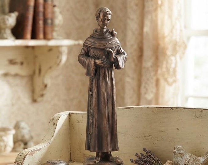 Statue of Saint Francis of Assisi, 60 cm (23.62 inches), made of alabaster powder, wooden base, bronze decoration, made in Italy