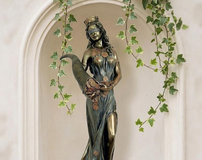 Classical sculpture Tykhe Goddess of Fortune, 84 cm (33.07 inches) in bronzed resin marble with gilded wooden base, made in Italy