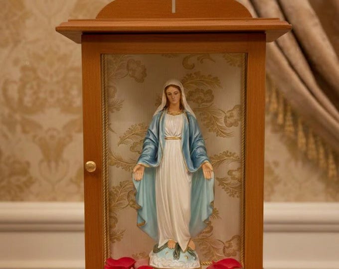 Wooden and glass case 54 cm (21.25 inches) with statue of the Miraculous Madonna in marble resin 34 cm (13.38 inches) handcrafted