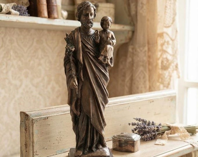 Statue of Saint Joseph with baby Jesus, 62 cm (24.40 inches), in alabaster powder, wooden base, bronze finish, made in Italy