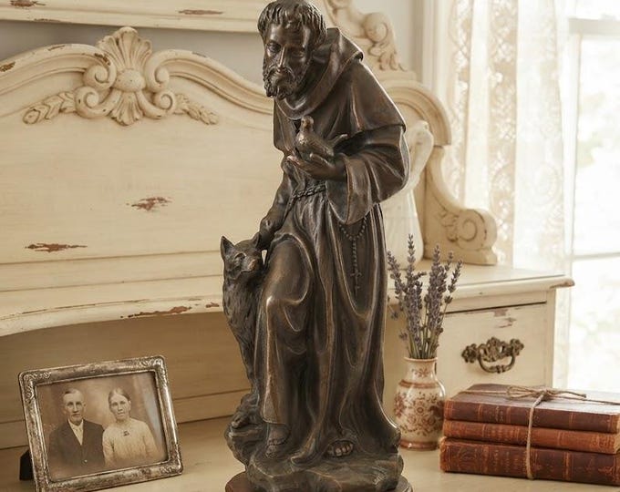 Statue of Saint Francis of Assisi 43 cm (16.92 inches) in alabaster powder, wooden base, hand-decorated bronze finish made in Italy