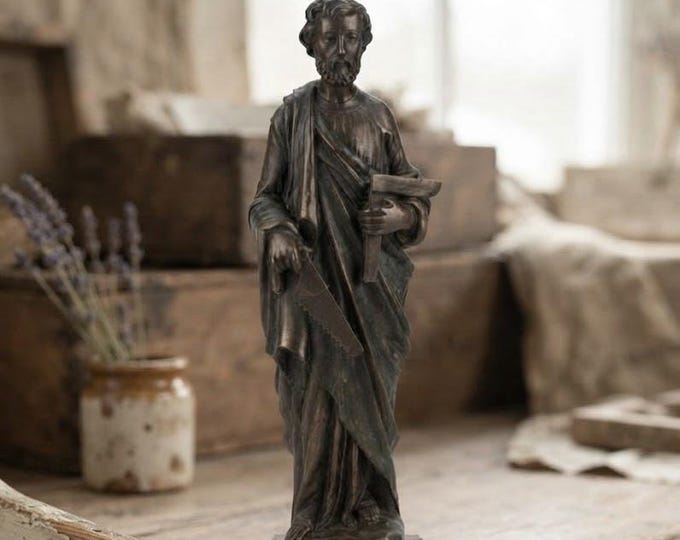 Statue of Saint Joseph the Worker, 62 cm (24.40 inches), in alabaster powder, wooden base, hand-decorated in bronze finish, made in Italy