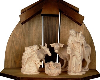 Complete natural art nativity scene, carved in Valgardena wood, with hut, various sizes available, Italian artisan production