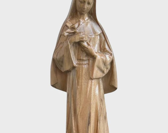 Statue of Saint Rita of Cascia carved from olive wood, handcrafted in Italy in Val Gardena, various sizes.