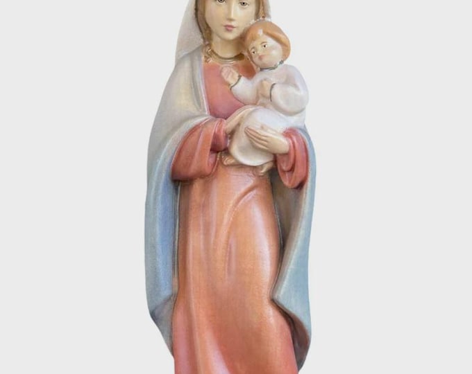 Statue of the Madonna with child carved in Valgardena wood and hand-decorated, Italian artisan production, various sizes