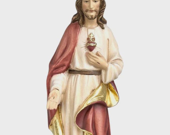 Statue of the Sacred Heart of Jesus carved in Valgardena wood, hand-decorated, Italian artisan production, various sizes