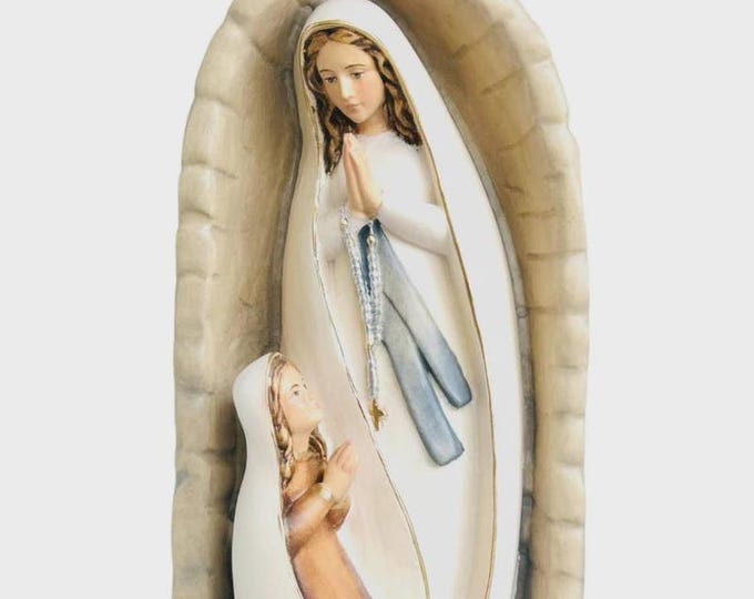 Statue of Our Lady of Lourdes and Bernadette in a cave carved in Valgardena wood, hand-decorated, made in Italy, various sizes