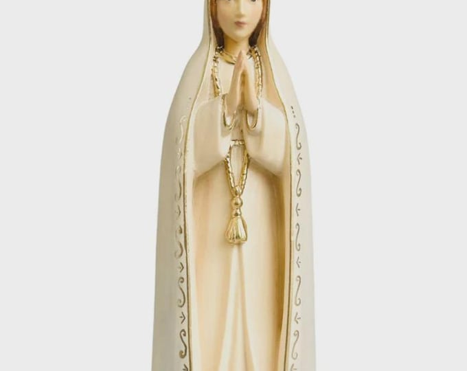 Statua della Madonna di Fatima scolpita in legno della Valgardena e decorata a mano di produzione artigianale italiana varie misure