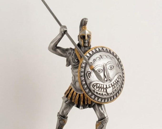 Classical sculpture of a Spartan warrior in combat, 12 cm (4.72 inches) in solid pewter, hand-decorated, artisanal, made in Italy