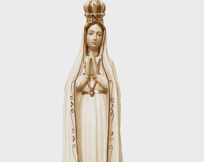 Statue of Our Lady of Fatima carved in burnished Valgardena wood, handcrafted in Italy, various sizes
