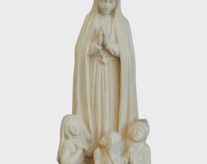 Statue of Our Lady of Fatima carved from natural Valgardena wood, handcrafted in Italy, various sizes.