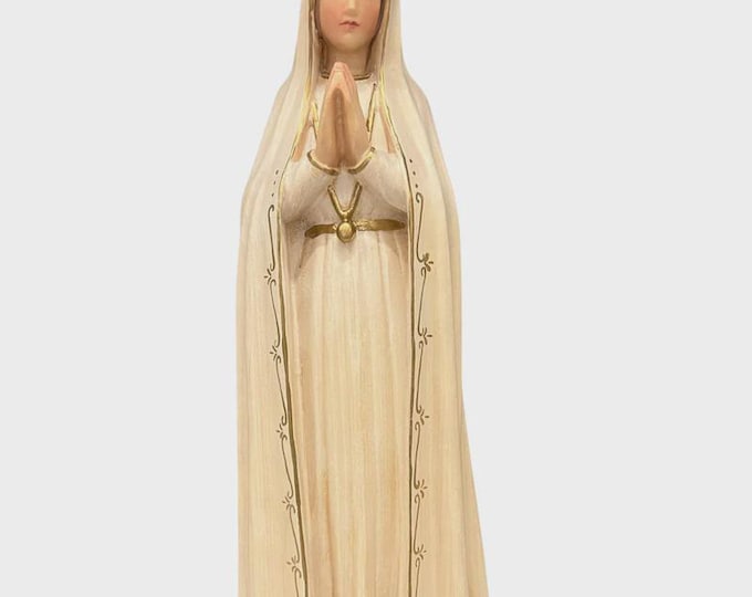 Madonna Fatima pilgrim statue with crown carved in Valgardena wood, hand-decorated, Italian artisan production, various sizes