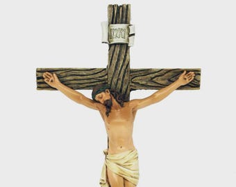 Crucifix 20 cm (7.87 inches) made of Valgardena wood pulp, hand decorated, Italian artisan production