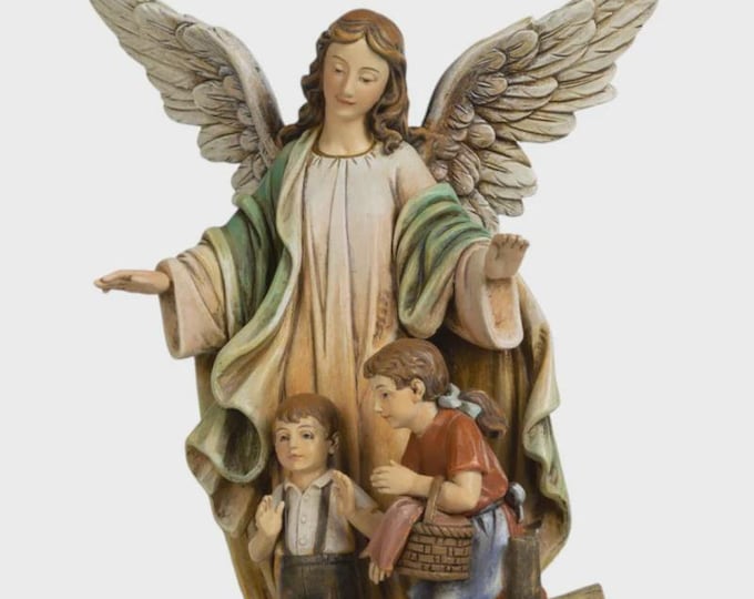 Guardian Angel statue 20 cm (7.87 inches) in Valgardena wood pulp, hand decorated, Italian production