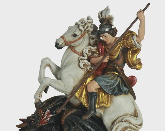 Statua di San Giorgio e il drago cm 20 (7,87 inches) in pasta di legno della Valgardena, decorata a mano di produzione artigianale italiana