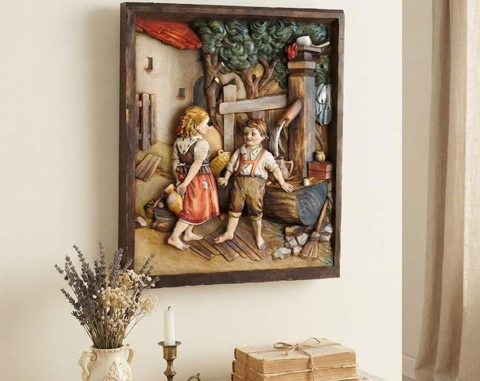 Bas-relief sculpture "Boys at the Fountain", carved in Valgardena wood, hand-decorated, Italian artisan production
