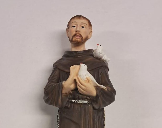 Statue of Saint Francis of Assisi cm 30 (11.81 inches) in marble resin hand decorated, Italian artisan production