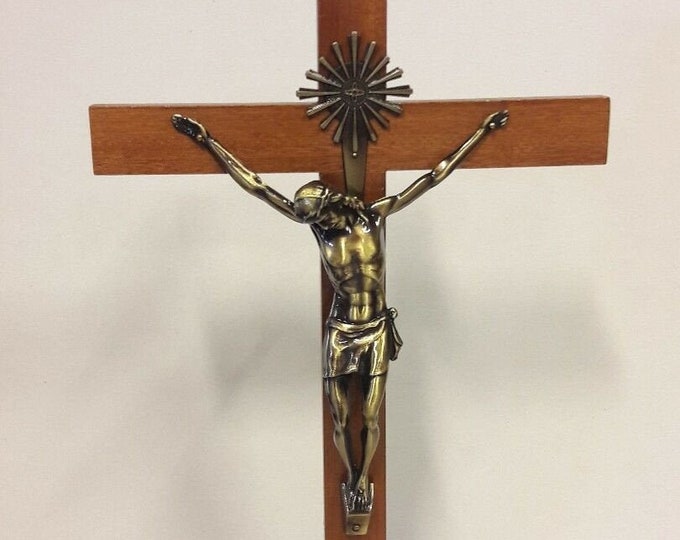 Wooden and bronzed metal crucifix, with base, 44 x 25 cm (17.32 x 9.84 inches) of artisan production
