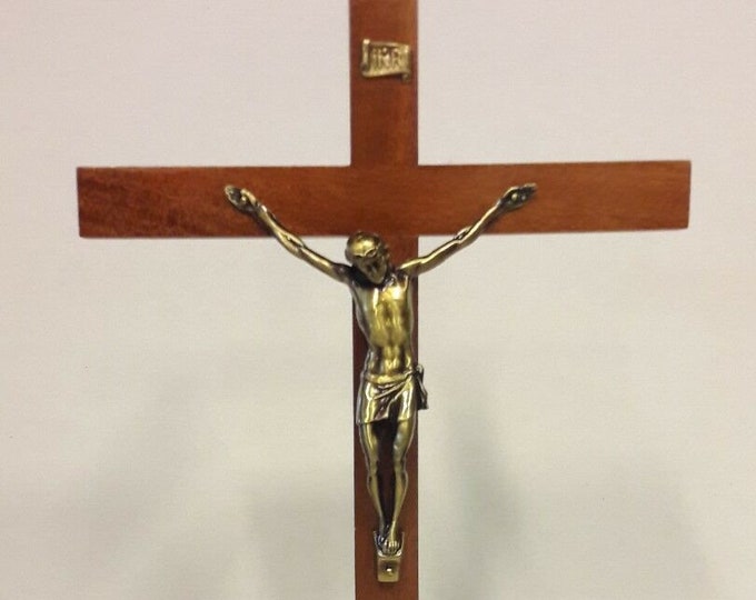 Wooden and bronzed metal crucifix, with base, 36 x 21 cm (14.17 x 8.26 inches) of artisan production