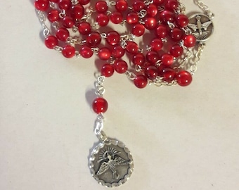 Holy Spirit Rosary, 50 cm, in red glass, handcrafted in Italy.