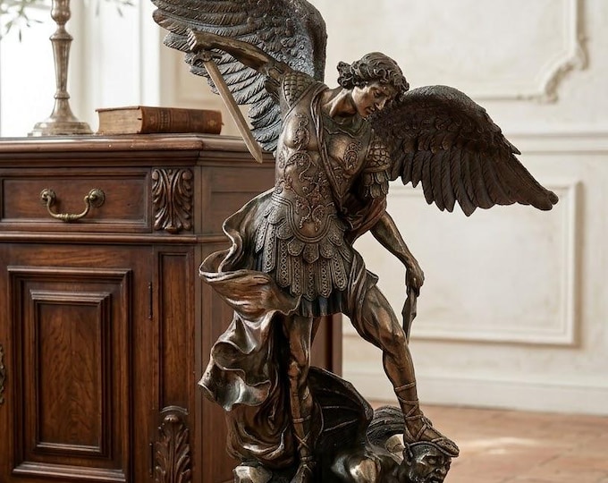 Sculpture of Saint Michael the Archangel with gilded wooden base, 82 cm (32.28 inches) in bronzed resin marble, handcrafted in Italy