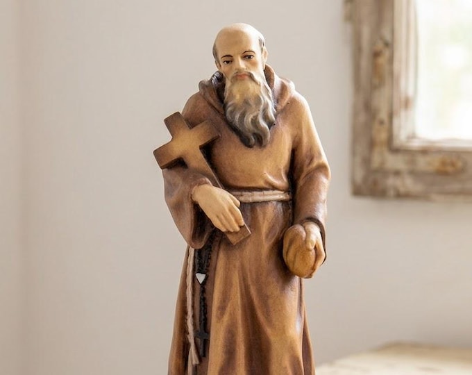 Statue of Saint Brother Corrado of Parzham carved in Valgardena wood and hand-decorated, artisanal Italian production.